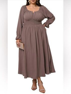 SHESTARR Long Sleeve Square Neck Smocked Empire Waist Slit Long Maxi Dress 3XL